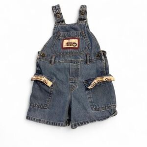 Vintage Kids Blue Denim Overalls with Train Design